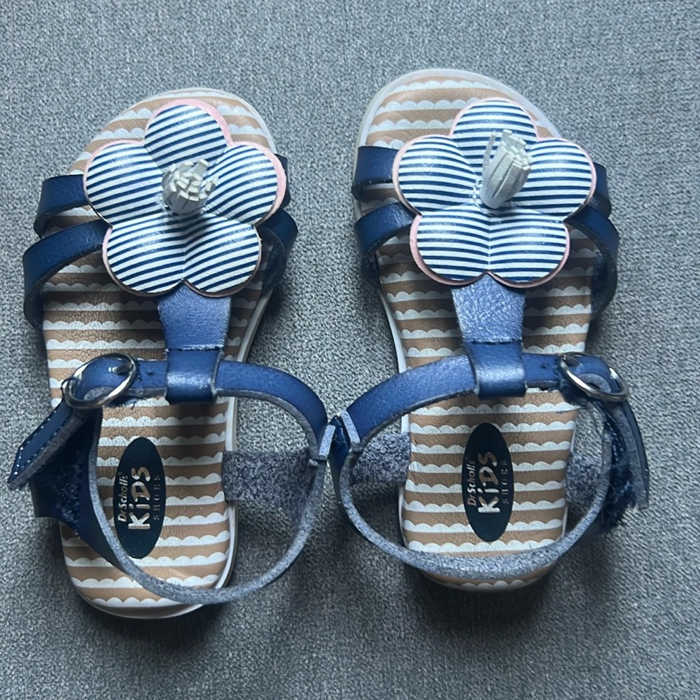 Sz 5T baby Girls Dr. Scholl’s Navy White Stipe Flower Sandals
